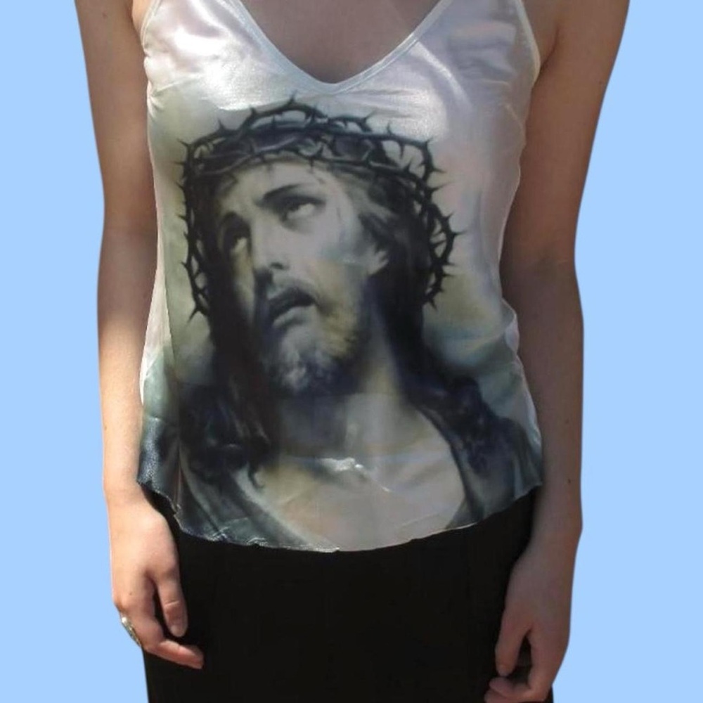 Jesus Printed Satin Lace y2k Cami Top